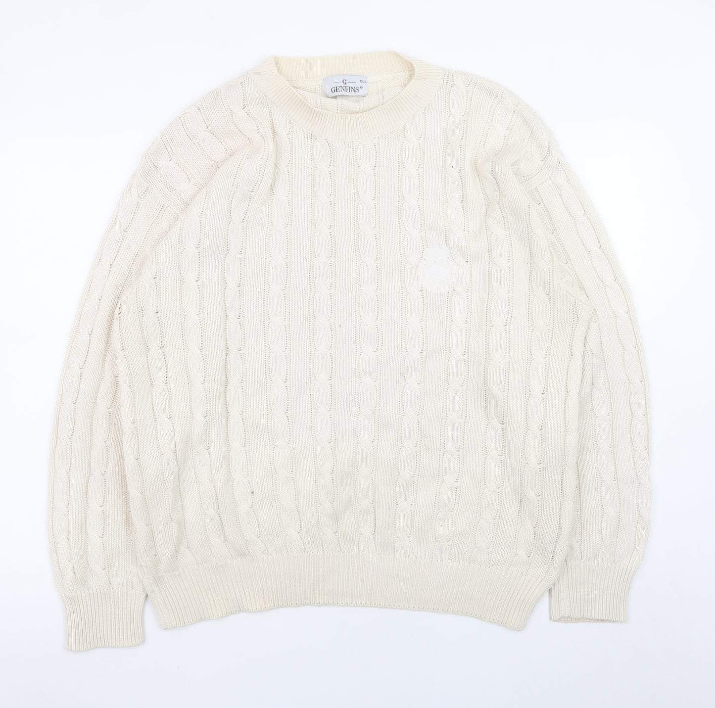 GENFINS Men’s Ivory Cable-Knit Cotton Acrylic Jumper XL Crew Neck