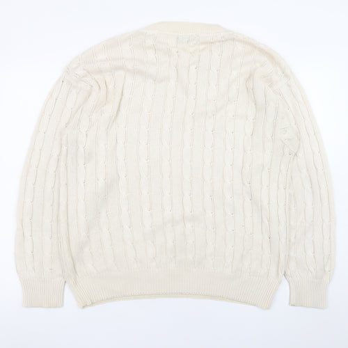 GENFINS Men’s Ivory Cable-Knit Cotton Acrylic Jumper XL Crew Neck