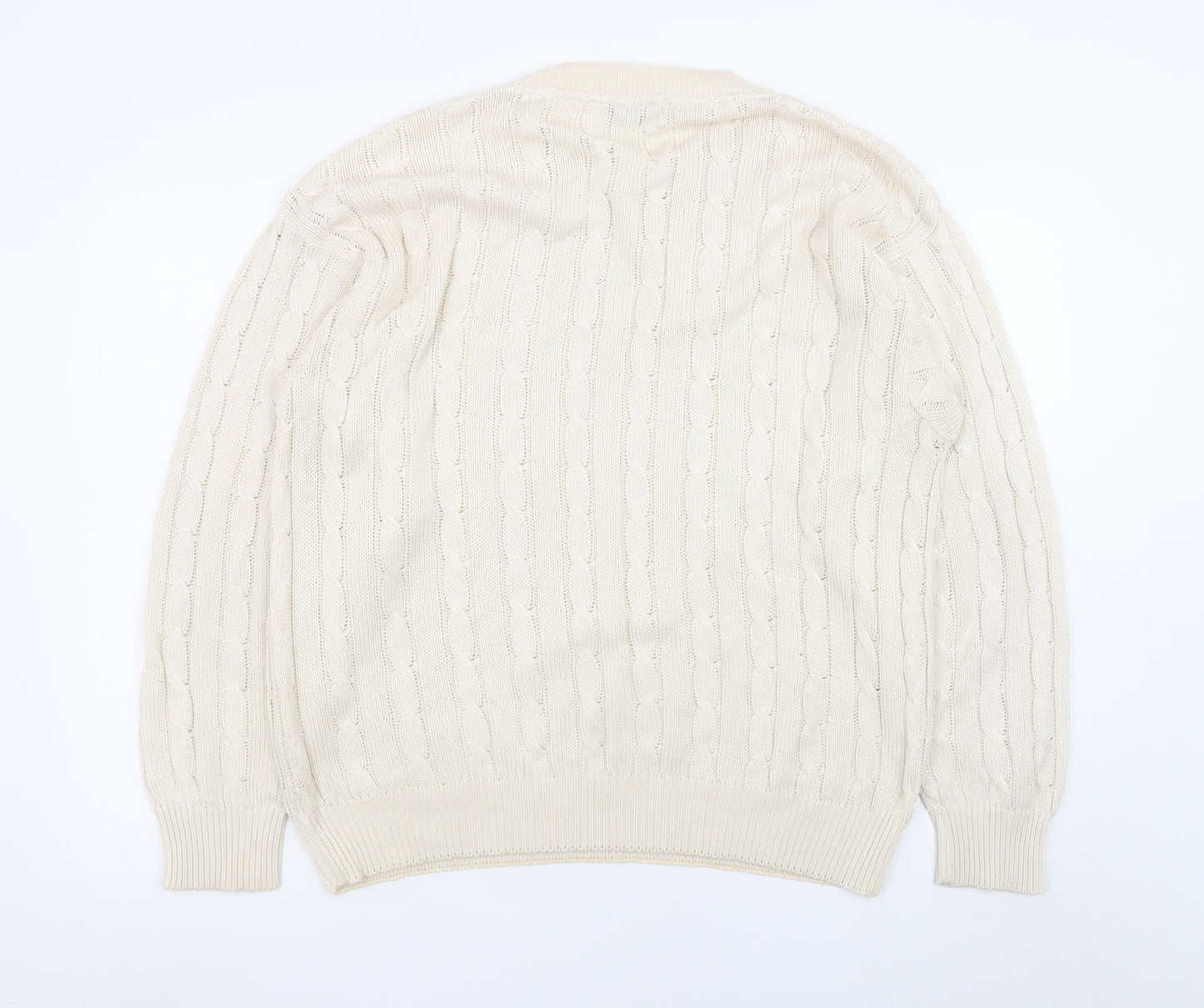 GENFINS Men’s Ivory Cable-Knit Cotton Acrylic Jumper XL Crew Neck
