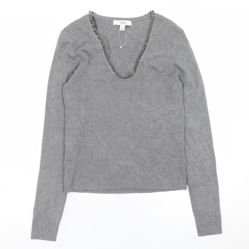 Marks and Spencer Women’s Grey Beaded V-Neck Knit Jumper Medium
