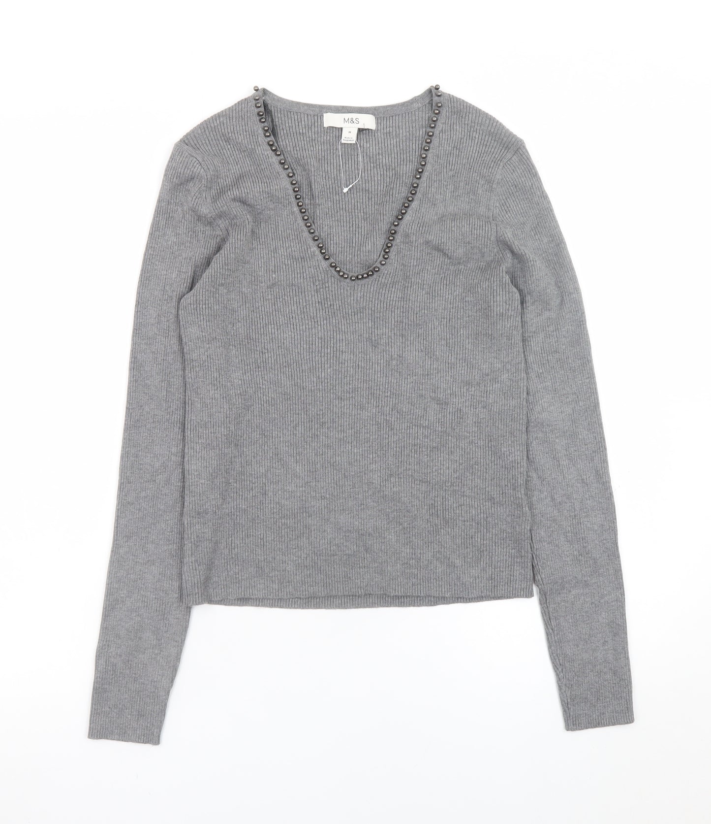 Marks and Spencer Women’s Grey Beaded V-Neck Knit Jumper Medium