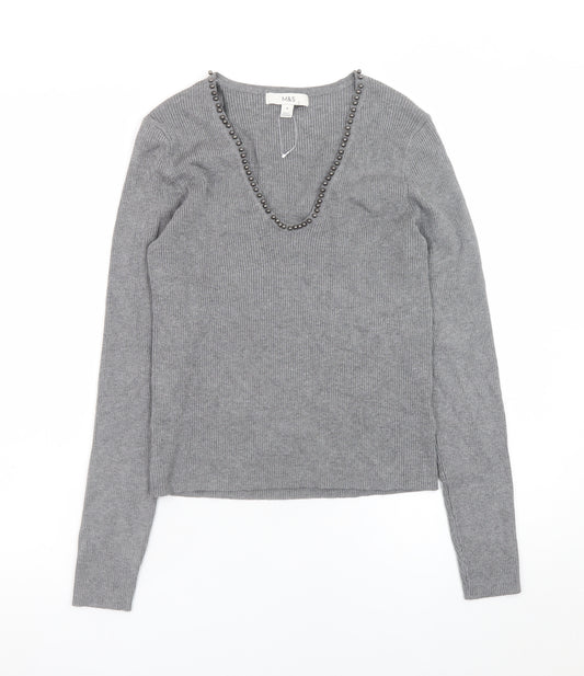 Marks and Spencer Women’s Grey Beaded V-Neck Knit Jumper Medium