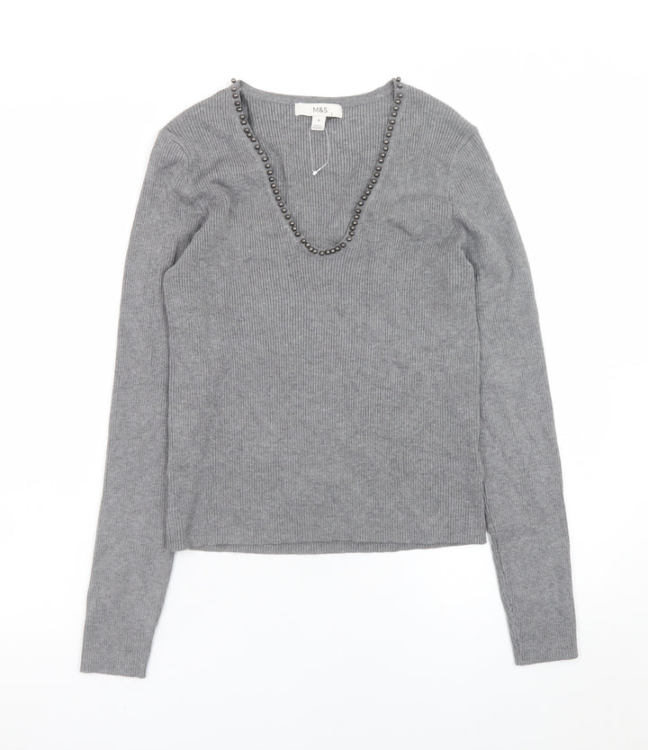 Marks and Spencer Women’s Grey Beaded V-Neck Knit Jumper Medium