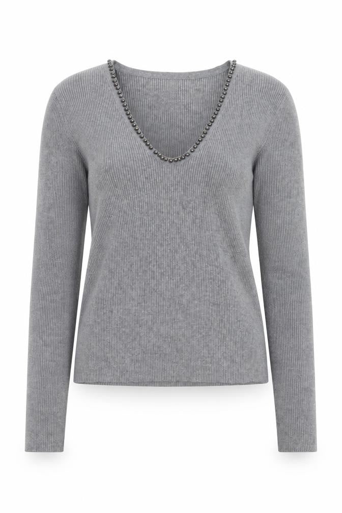 Front view of Marks & Spencer Women’s Grey Beaded V-Neck Knit Jumper Medium