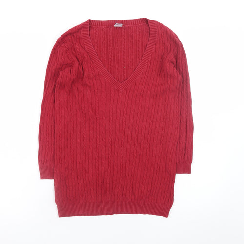 GAP Women Red V-Neck Cable-Knit Cotton Blend Jumper Size S