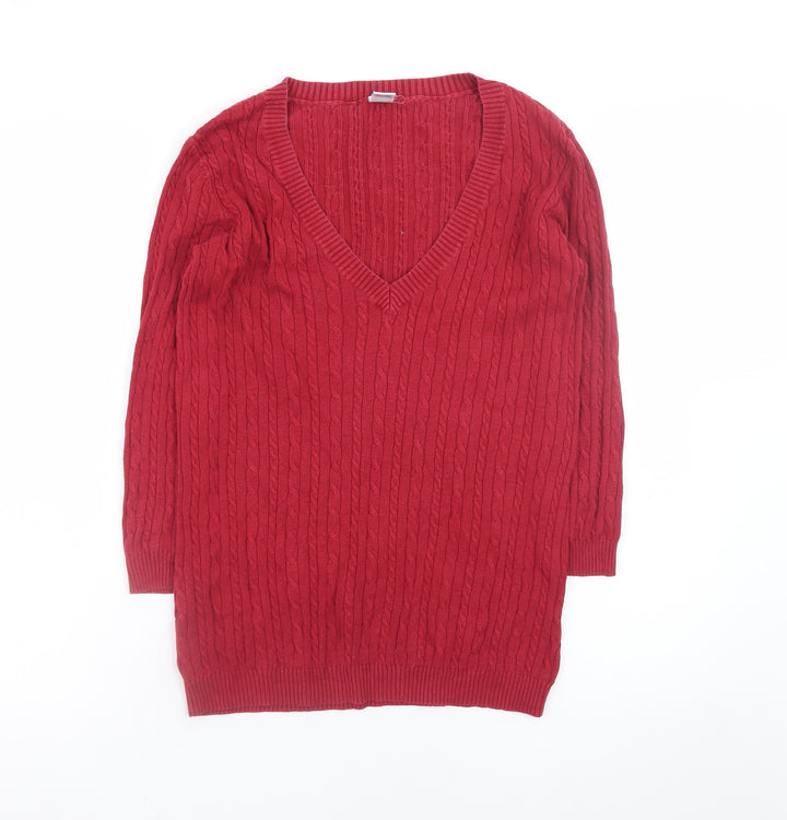 GAP Women Red V-Neck Cable-Knit Cotton Blend Jumper Size S