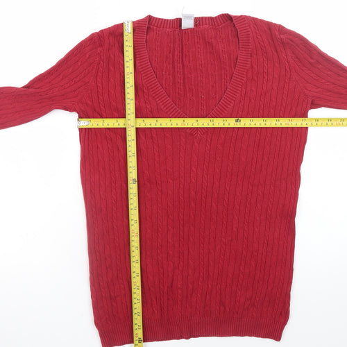 GAP Women Red V-Neck Cable-Knit Cotton Blend Jumper Size S
