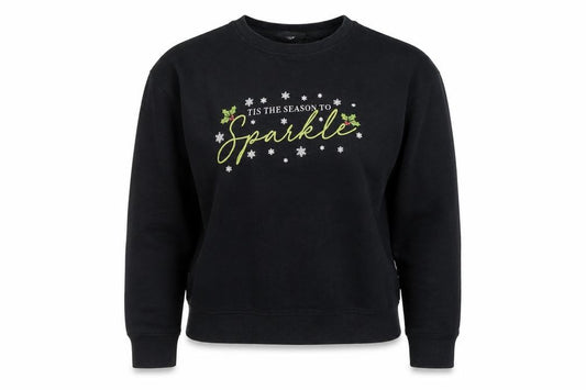 Front view of New Look Women's Black Christmas Sparkle Pullover Sweatshirt, size S