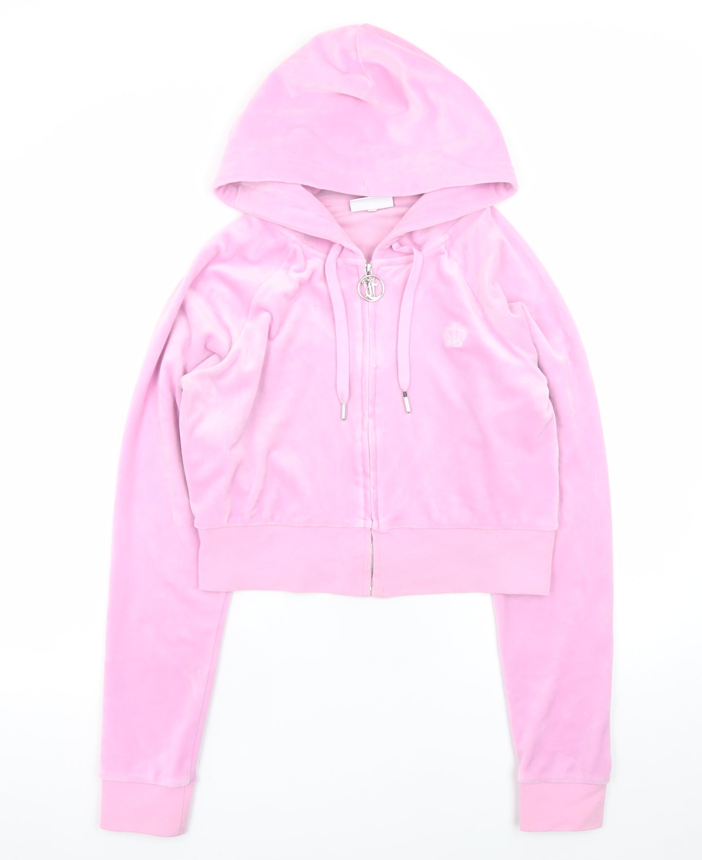 Juicy Couture Women Pink Velour Full Zip Hoodie L Rhinestone Logo