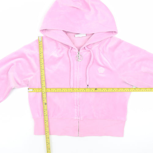 Juicy Couture Women Pink Velour Full Zip Hoodie L Rhinestone Logo