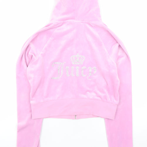 Juicy Couture Women Pink Velour Full Zip Hoodie L Rhinestone Logo