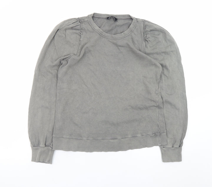 ME+EM Women Grey Cotton Crew Neck Puff Sleeve Sweatshirt Size 10