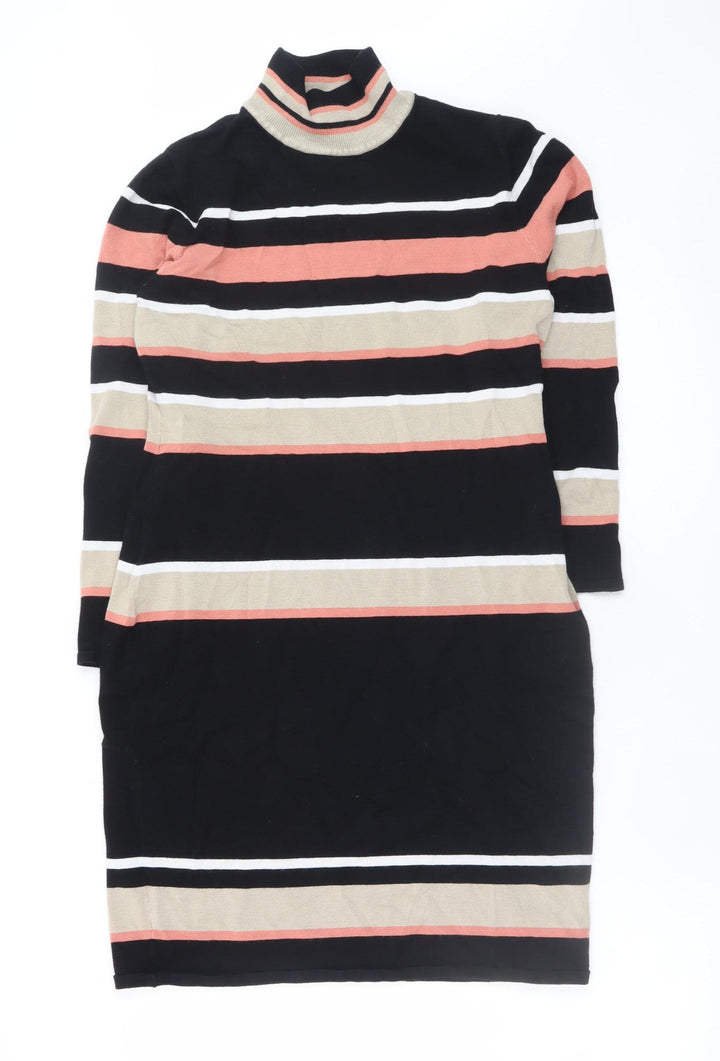 Roman Women Black Striped Bodycon Knit Roll Neck Dress Size 14
