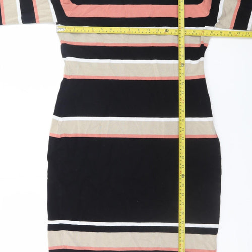 Roman Women Black Striped Bodycon Knit Roll Neck Dress Size 14
