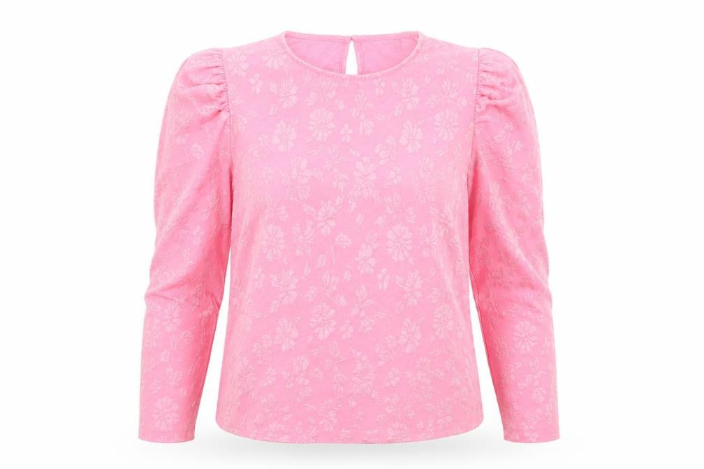 Front view of Savida women’s pink floral puff sleeve blouse, size L