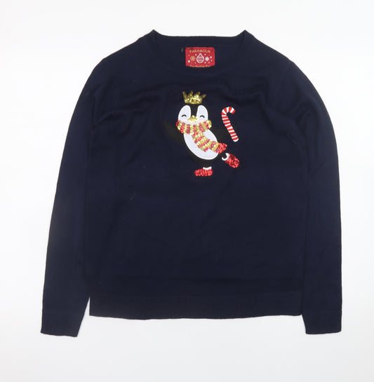 Paramour Women's Blue Penguin Sequin Christmas Jumper Size M