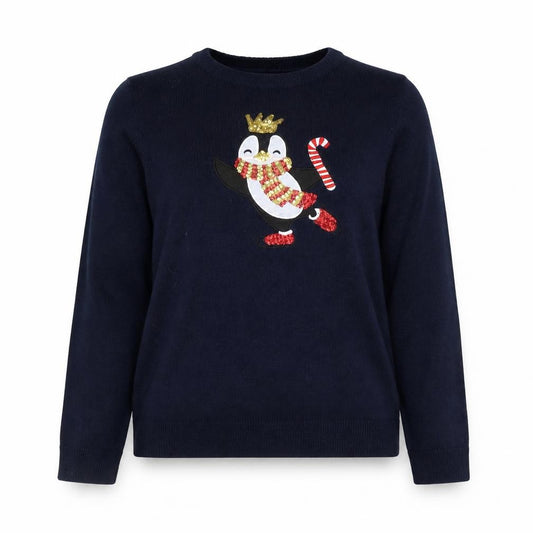 Front view of Paramour Women's Blue Penguin Sequin Christmas Jumper, size M