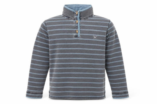 Front view of Crew Clothing Men's Blue Striped Henley Sweatshirt, size L