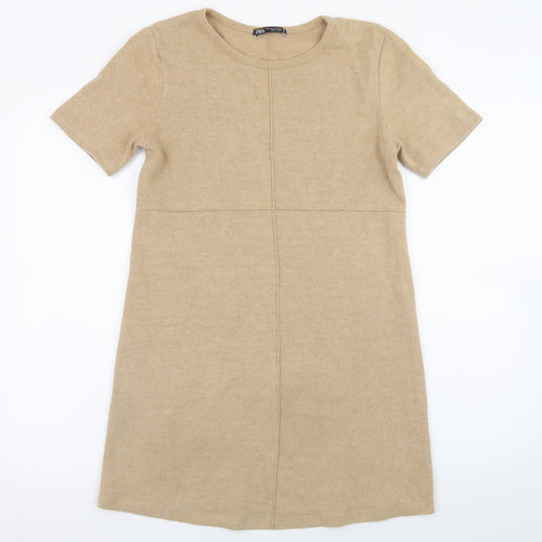 Zara Women Beige Size 10 Shift Short Sleeve Knit Dress