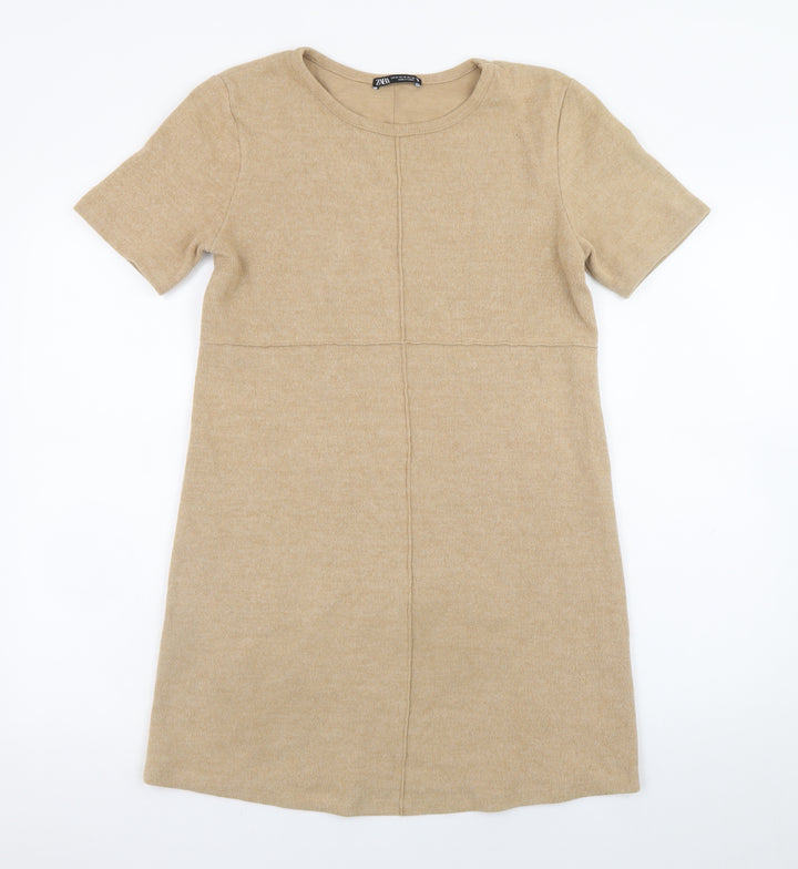 Zara Women Beige Size 10 Shift Short Sleeve Knit Dress