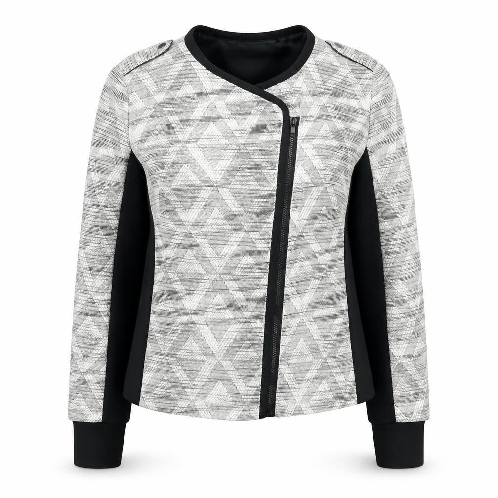 Front view of Tu Women’s Grey Geometric Biker Jacket, size UK 16, Polyester