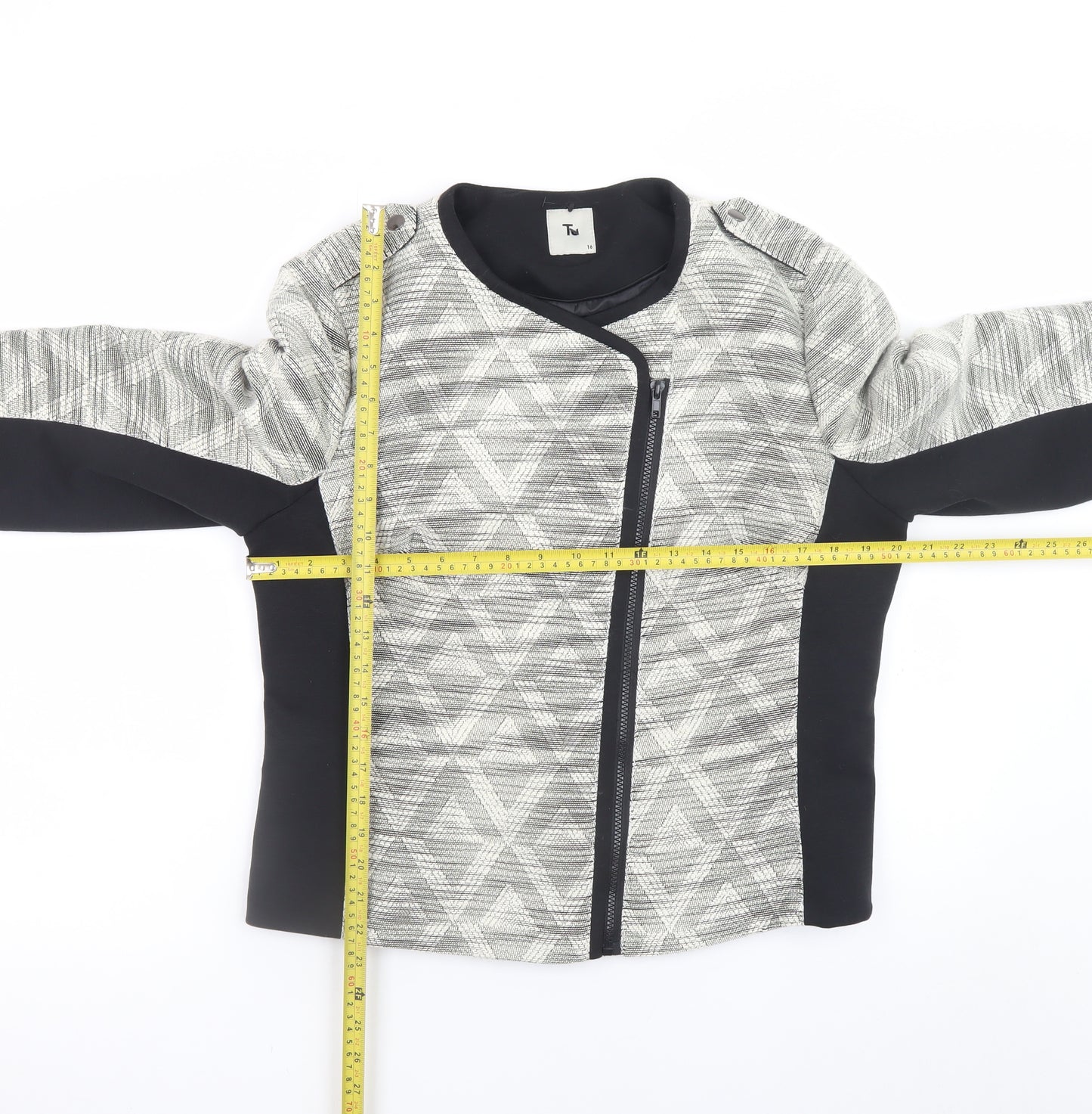 Tu Women’s Grey Geometric Biker Jacket Size 16 Polyester