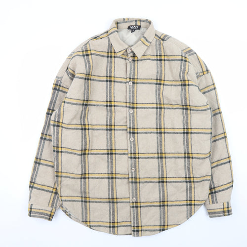 boohooMAN Men Beige Check Flannel Basic Jacket Size M