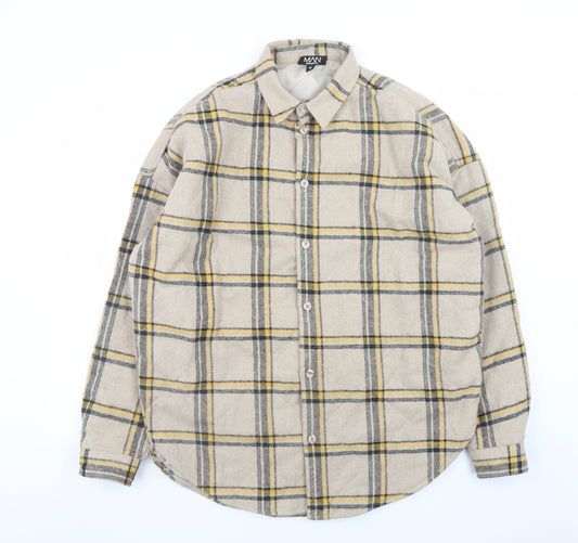 boohooMAN Men Beige Check Flannel Basic Jacket Size M