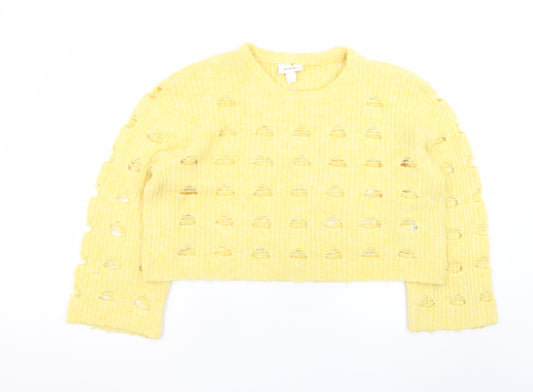 Monki Women Yellow Open-Knit Pullover Jumper Size L
