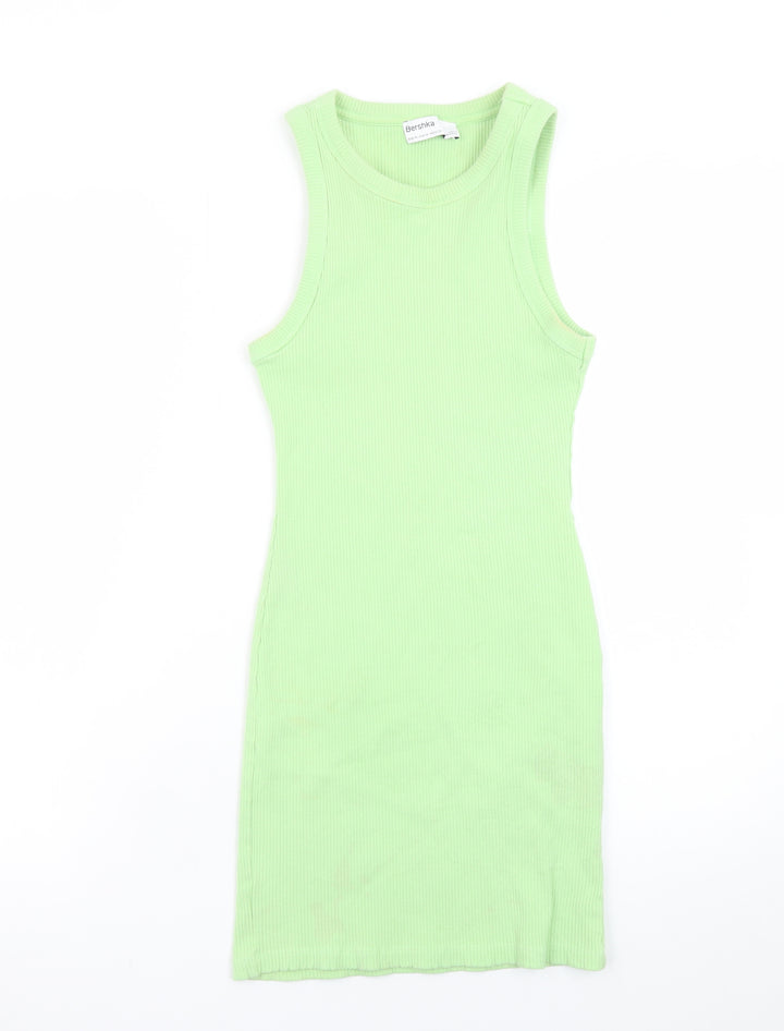 Bershka Women's Green Ribbed Cotton Tank Dress Size 10