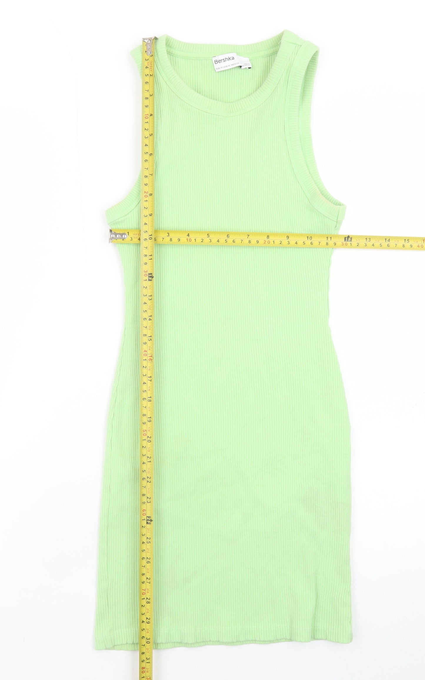 Bershka Women's Green Ribbed Cotton Tank Dress Size 10