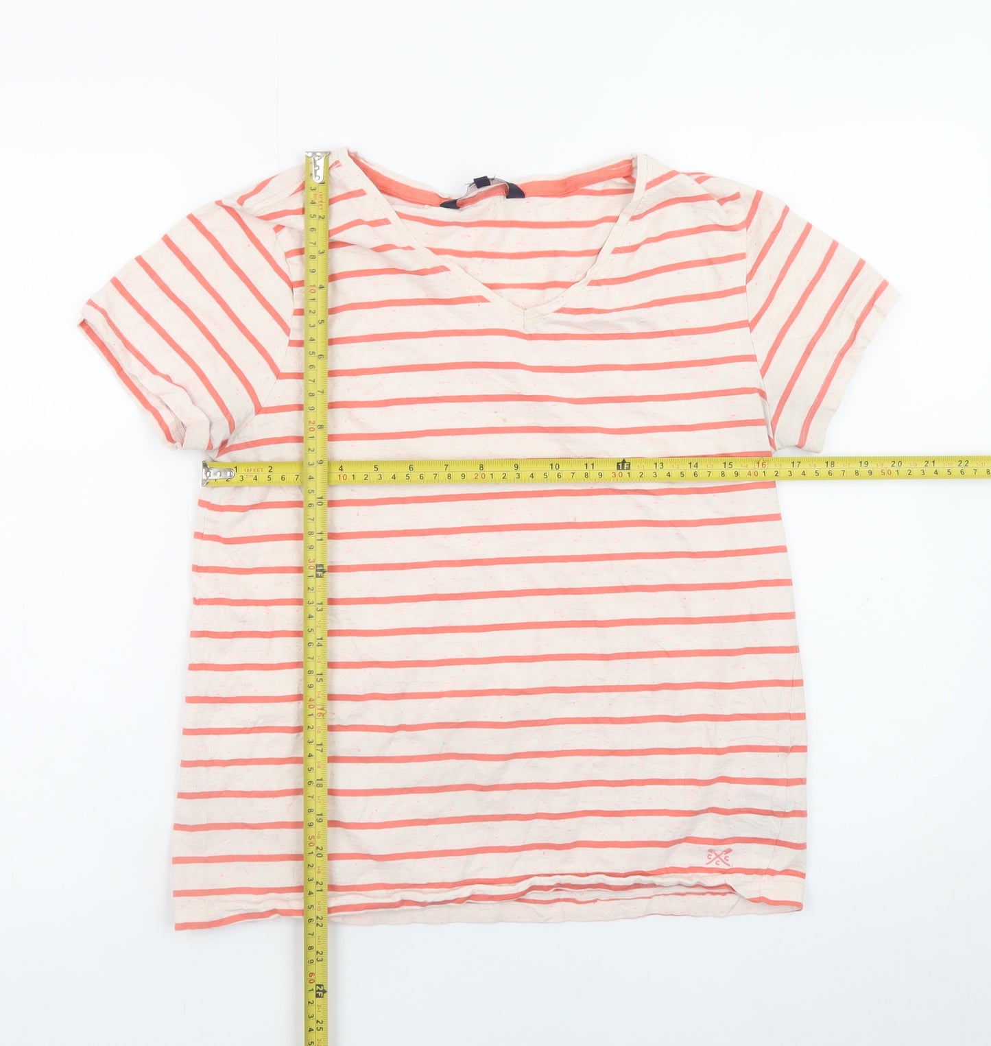 Crew Clothing Company Women's Pink Striped V-Neck Cotton T-Shirt Size 12