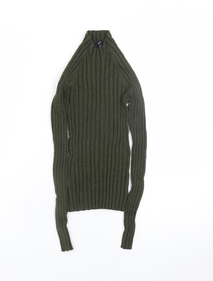 MNG Women's Green Ribbed Knit Long Sleeve Mock Neck Top Size S