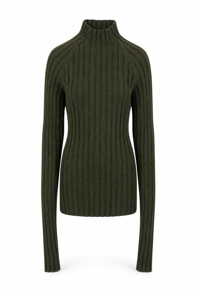 MNG Women's Green Ribbed Knit Long Sleeve Mock Neck Top Size S