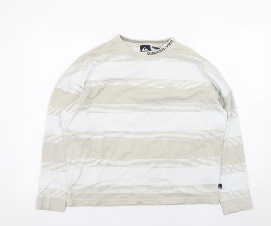 Quiksilver Men’s Beige Striped Long Sleeve Cotton T-Shirt Size S