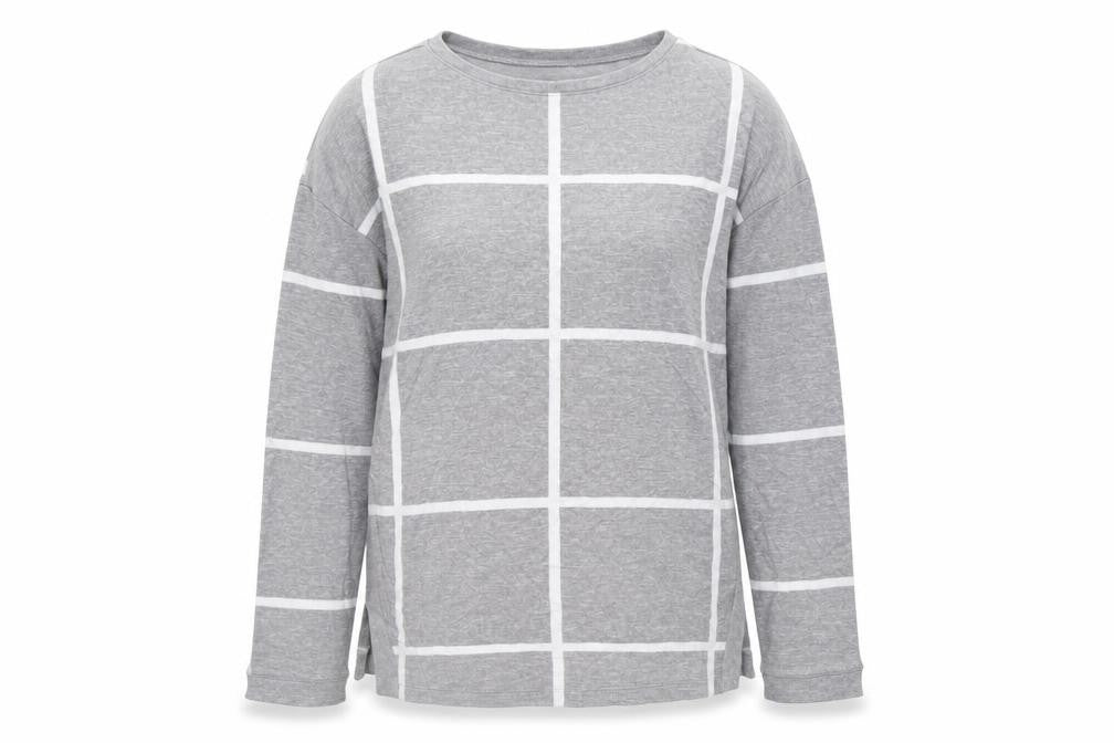 Front view of Marks & Spencer women’s grey check pullover sweatshirt, size UK 10