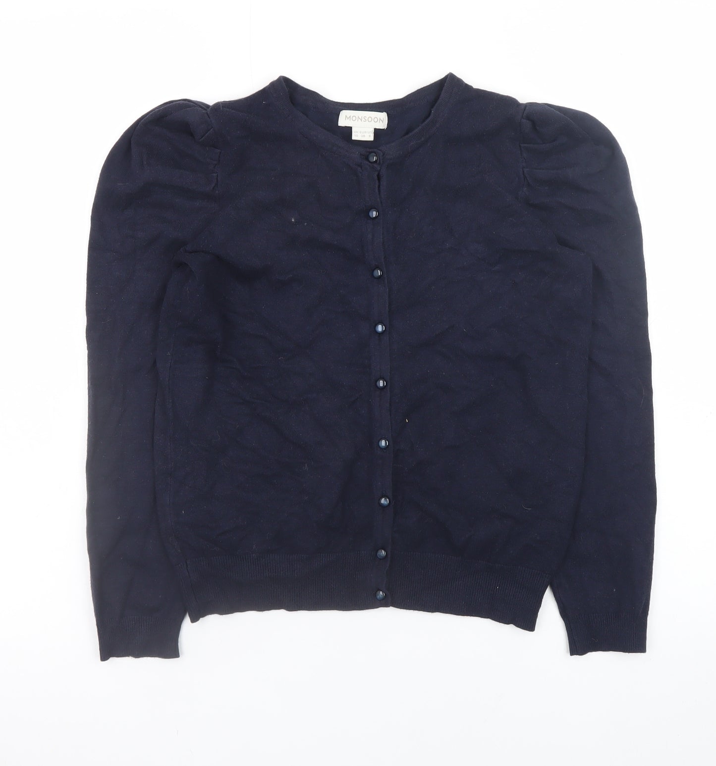 Monsoon Women's Blue Crew Neck Puff Sleeve Knit Cardigan Size 10