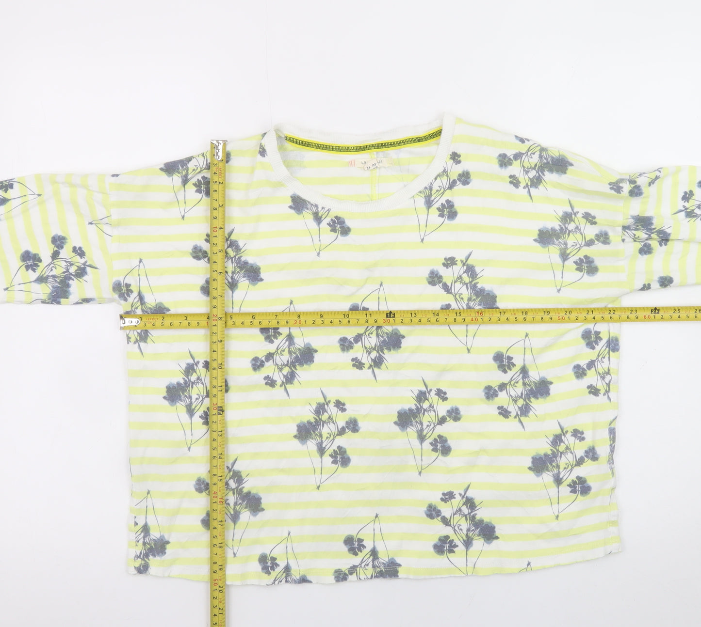 White Stuff Women's Yellow Floral Stripe Cotton Long Sleeve Top Size 14