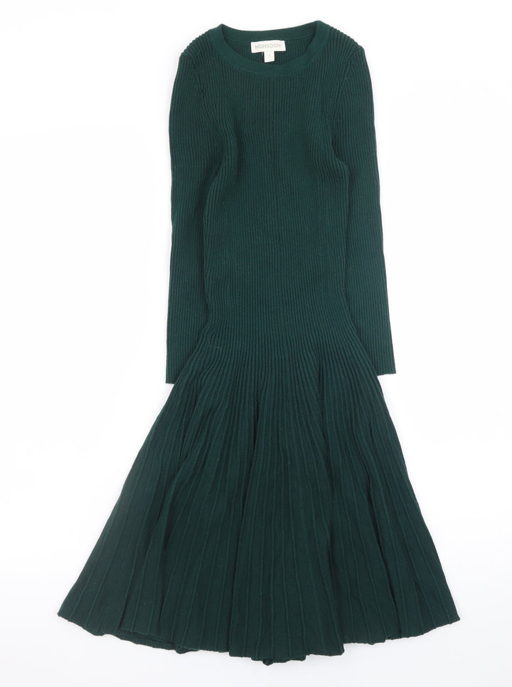 Monsoon Women Green Knit Fit & Flare Midi Dress Size S