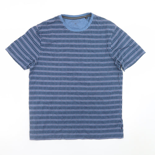 Steel & Jelly Men's Blue Geometric Crew Neck Cotton T-Shirt M