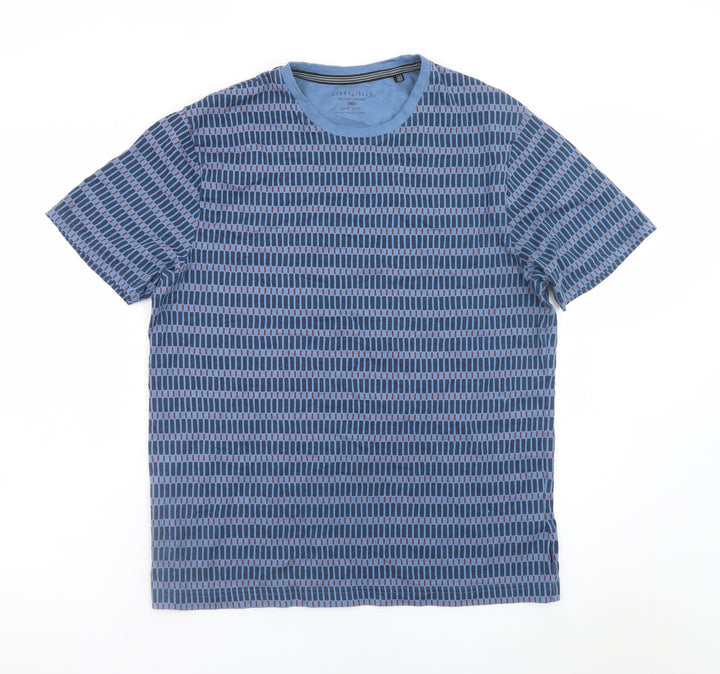 Steel & Jelly Men's Blue Geometric Crew Neck Cotton T-Shirt M