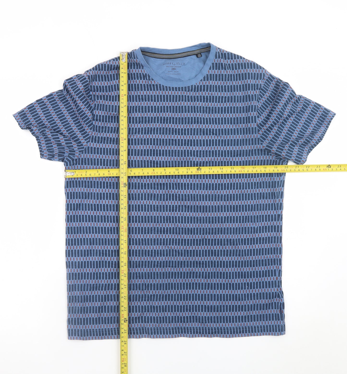 Steel & Jelly Men's Blue Geometric Crew Neck Cotton T-Shirt M