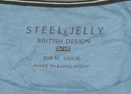Steel & Jelly Men's Blue Geometric Crew Neck Cotton T-Shirt M