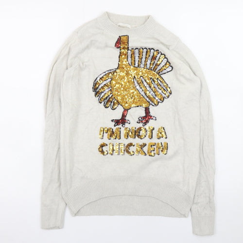 H&M Women’s Beige Sequin Turkey Jumper XS Long Sleeve Crew Neck