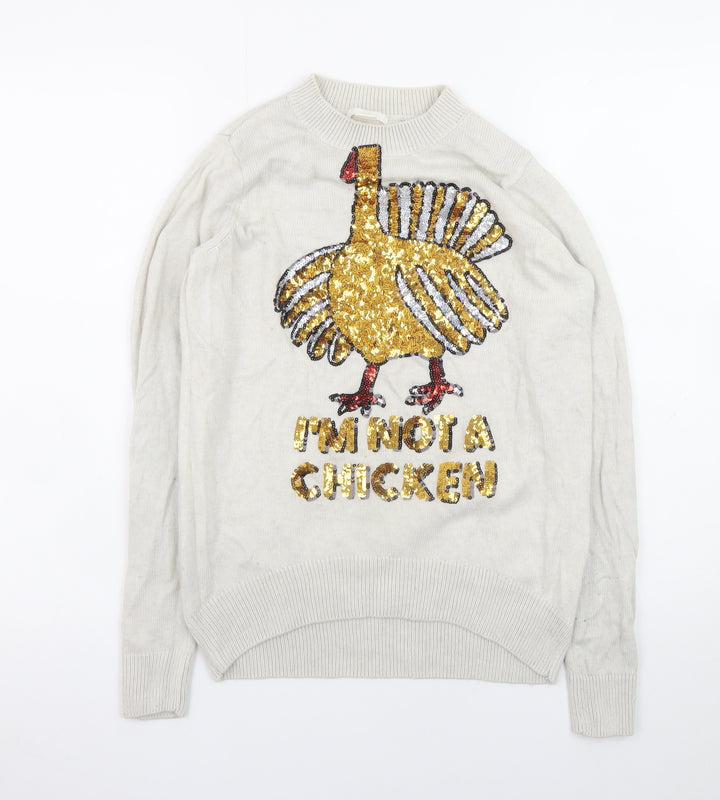 H&M Women’s Beige Sequin Turkey Jumper XS Long Sleeve Crew Neck