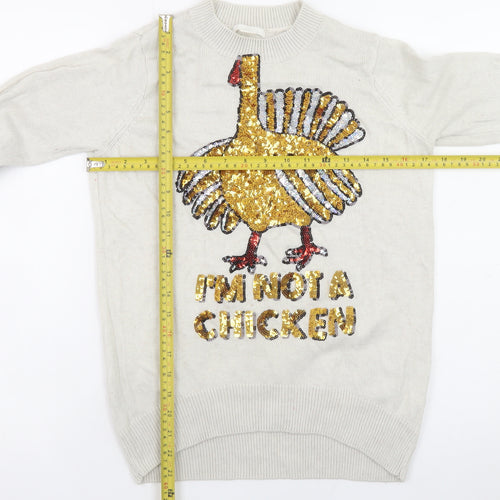 H&M Women’s Beige Sequin Turkey Jumper XS Long Sleeve Crew Neck