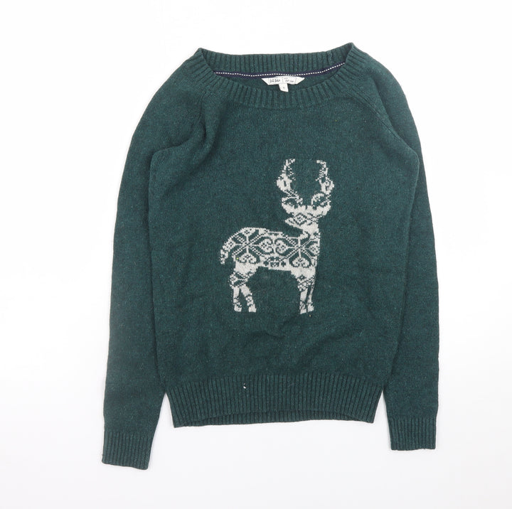 Fat Face Womens Green Size 8 Wool Blend Reindeer Christmas Jumper