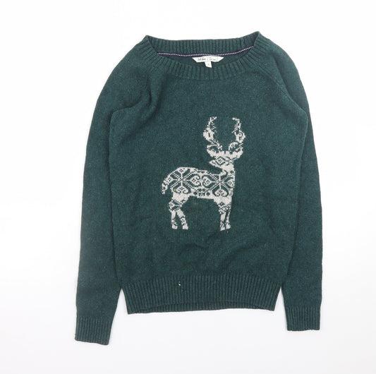 Fat Face Womens Green Size 8 Wool Blend Reindeer Christmas Jumper