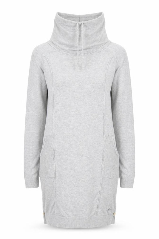 Front view of Mantaray Women’s Grey Jumper Dress, size UK 8, Long Sleeve Hooded Knitwear