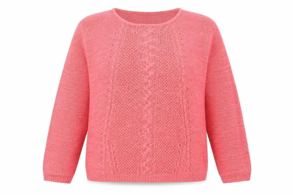 Front view of Isle women’s pink cable-knit jumper, size UK 18